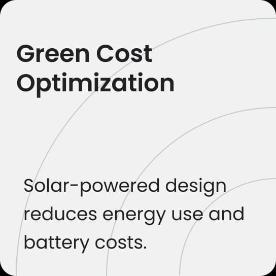 Green Cost Optimization: Solar-powered design reduces energy use and battery costs.